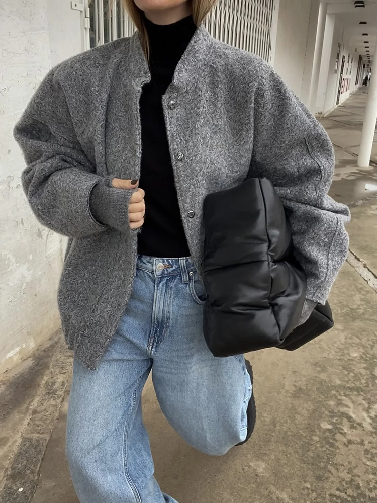 

Women's Jackets SLMD 2023 Women Gray Bomber Outwear Button Solid Long Sleeve Casual Loose Coat traf ins 230317, Black