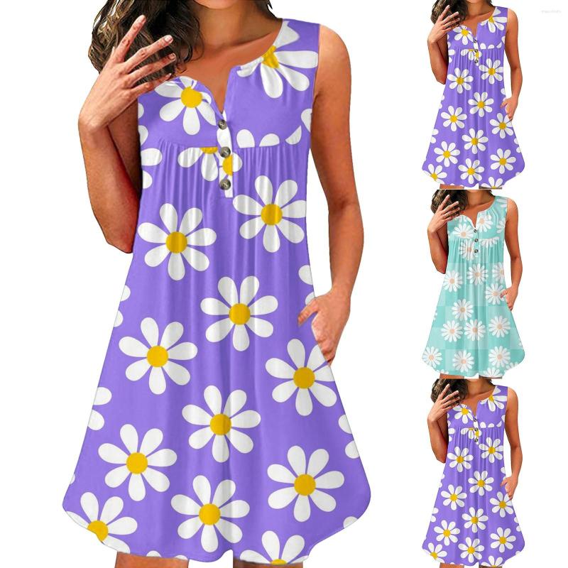 

Casual Dresses Swing For Women Knee Length Womens Fashion Sleeveless Round Neck Button Short Print Pocket Cocktail Dress, Mint green