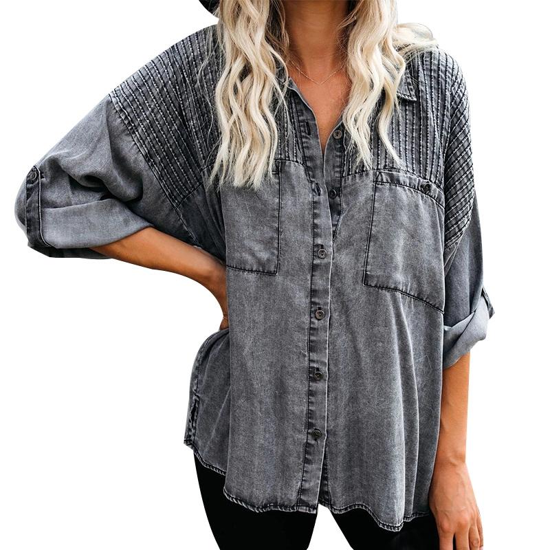 

Women's Blouses & Shirts Clothing Long Sleeves Blouse Quality Denim Shirt Vintage Casual Gray Loose Button