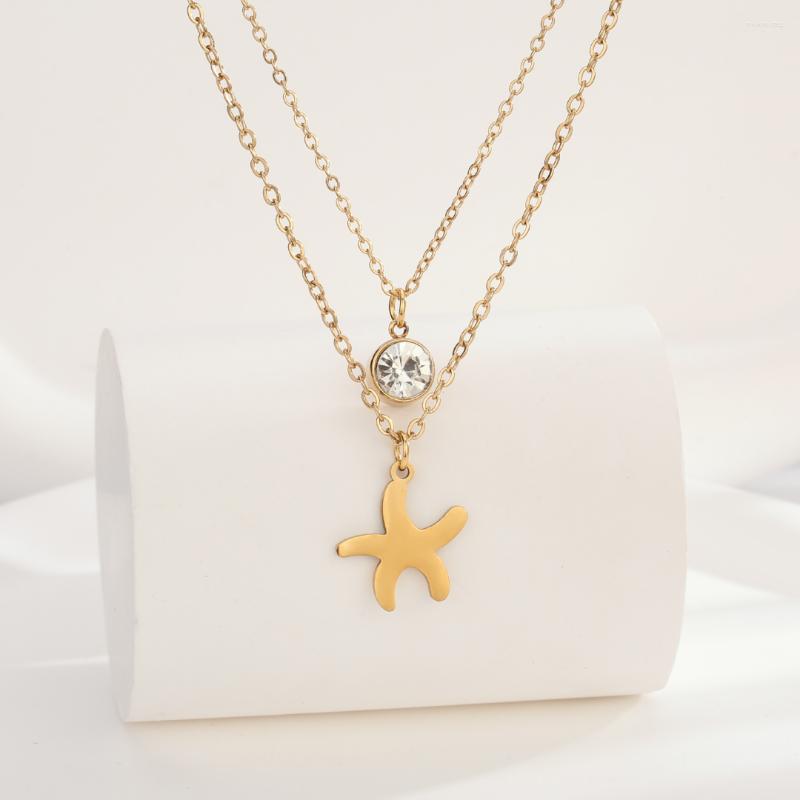 

Chains Starfish Stainless Steel Crystal Jewelry Accessories Wholesale Double Layer Necklace Sweater Pendant For Women