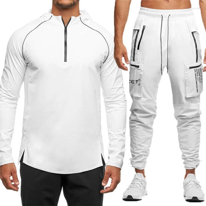 

Men's Tracksuits Reflect Light Sportswear Suits Men Joggers Exercise Hoodies Pants 2PcsSets Sweatshirt Sweatpants Jacket Tops Trousers, Black pockets