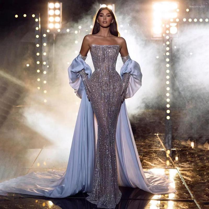 

Party Dresses Serene Hill Blue Sexy Strapless Mermaid Sparkly Puff Sleeves Crystal Beaded Evening Gowns For Women LA71823