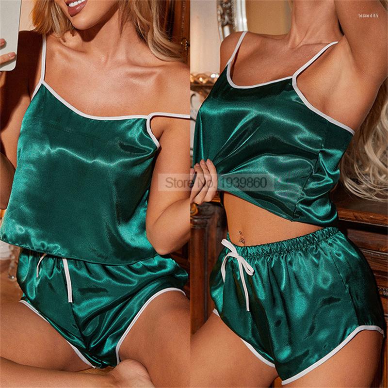 

Women's Sleepwear Swing Collar 2Pcs Sleep Set Female Backless Outfits Women Satin Nightgown Sexy Cami&shorts Pajamas Suit Casual Home, Green a