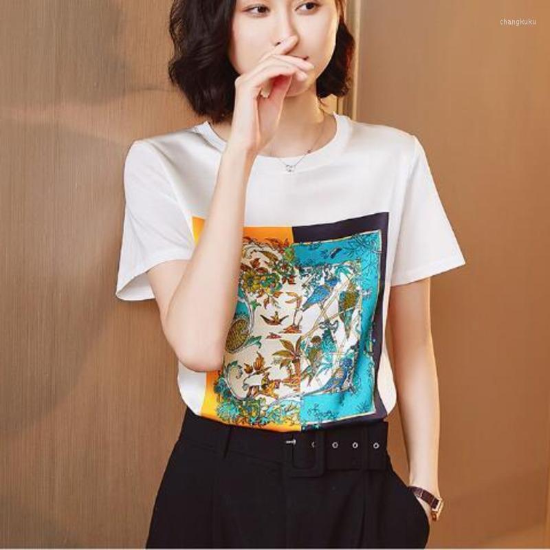 

Women's T Shirts Summer Women's Casual Print Patchwork Satin Shirt Fashion Tops Rayon Loose O-neck Short Sleeve Harajuku Korean, Black