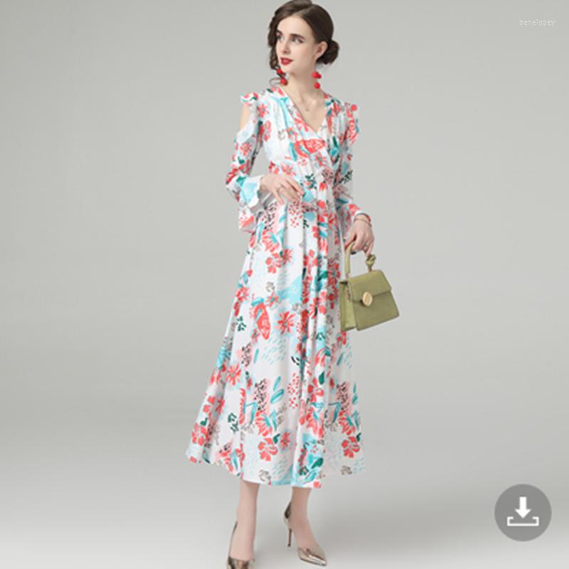 

Casual Dresses BULOCHOVA Fall Vintage Print Ruffles Long Dress Women V Neck Pullover Off Shoulder Large Size Runway Slim Vestidos Clothes, Picture color