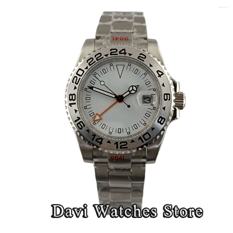 

Wristwatches 40mm GMT Silver Top Men Watches White Dial Orange Hand Luminous Steel Band Sapphire Crystal Man Wristwatch, A2-bliger logo