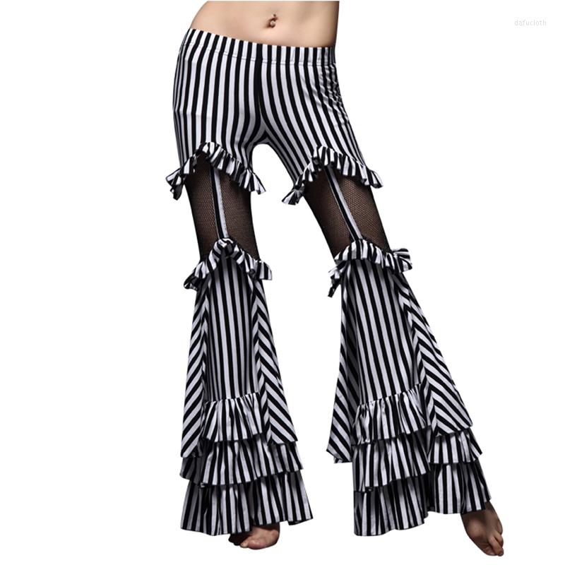 

Stage Wear 2023 Tribal Belly Dancing Clothes Stripe Trousers Gypsy Dance Flare Cotton With Mesh Women Pants, Picture shown