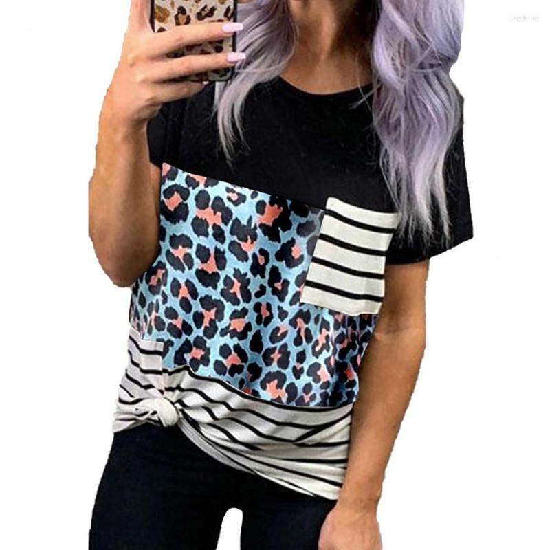 

Women's T Shirts 2023 Women T-shirt Leopard Print Short Sleeve Breathable Cotton O Neck Patchwork Female Tee Summer, Blue