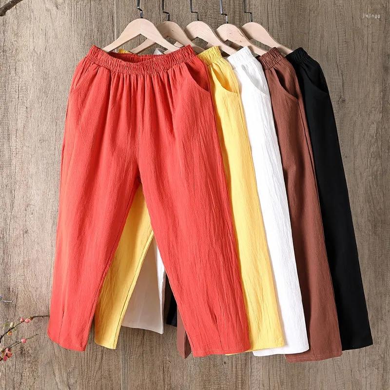 

Women's Pants Fashion Cotton Linen Harem Women Summer Loose  Solid Color High Waist Elastic Female Ankle-length, White