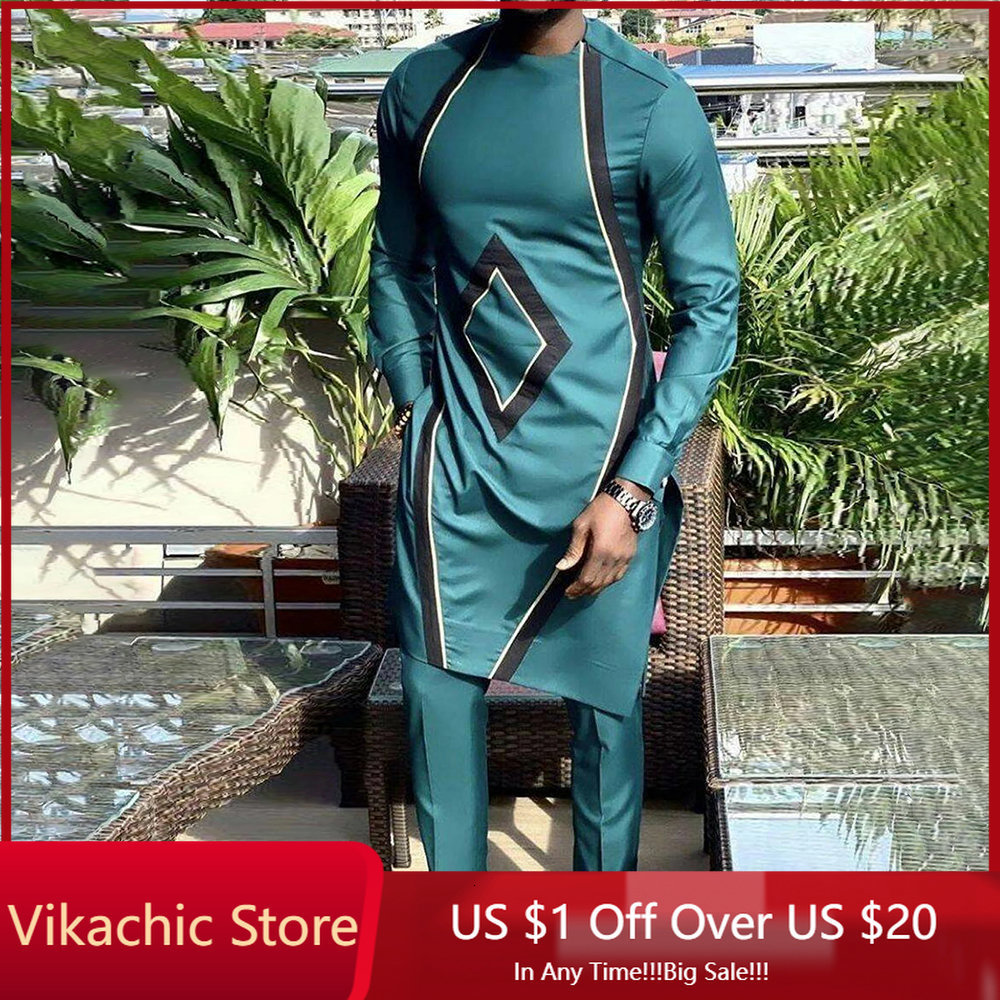 

Men's Tracksuits Dashiki African Clothing For Casual Green Geometric Print Suit Long Sleeve Shirt Trouser Set 2 Pieces 230317