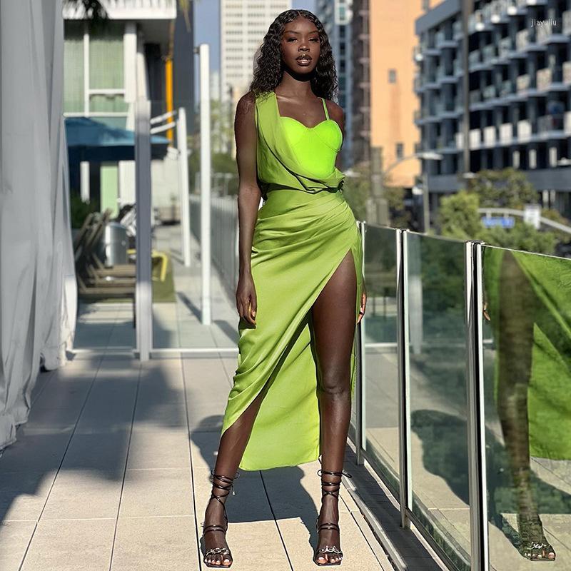 

Casual Dresses Women's Satin Irregular Sleeveless Long Sexy High Waist Bag Hip Slit Backless Party Club Wear Y2k Dress, Green