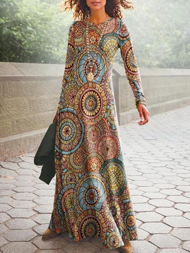 

Party Dresses Women' Vintage Boho 3D Geometric Print Dress 2023 Autumn Winter O Neck Long Sleeve Loose Waist Lady Robe Skirt, Amber colour