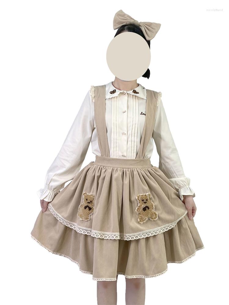 

Skirts 2023 Autumn Cute Bear Pattern Women Corduroy Skirt Kawaii Lace Vintage High Waist Pleated Strap Casual School Girls, Khaki