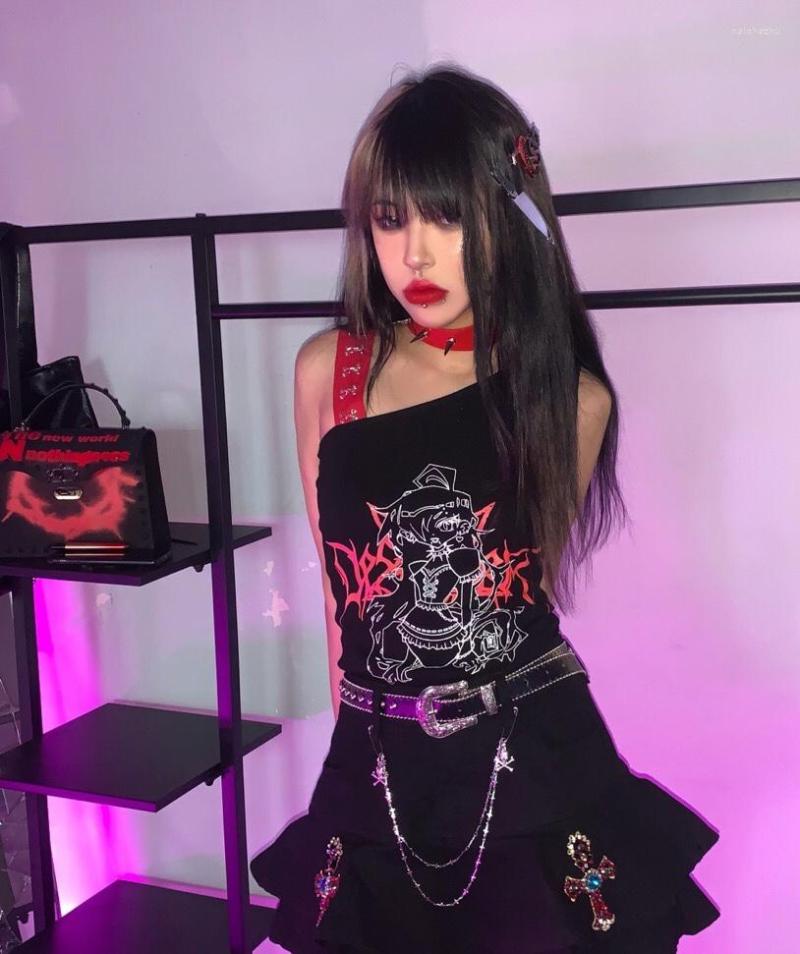 

Women's Tanks Original Design Black Red Slant Shoulder One Strap Vest Retro Anime Print Y2K Girl Gothic Punk Rock Spaghetti Tank Top Femme