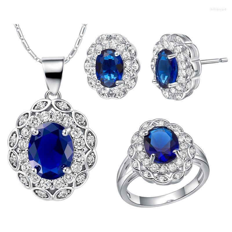 

Necklace Earrings Set Trendy Wedding Gift Cool Sets White Gold Cover Women And Ring Dark Blue Crystal T491-9#, Picture shown