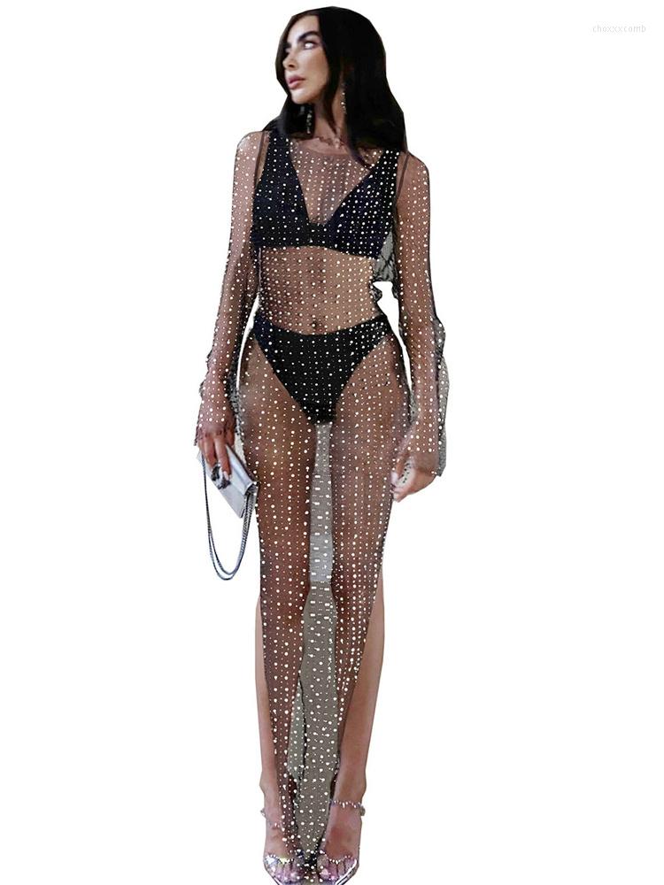 

Casual Dresses Tossy Pearls See-Through Long Sleeve Cover-Ups Holiday Beach Diamond Decoration Women Dress Elegant Split Solid, White