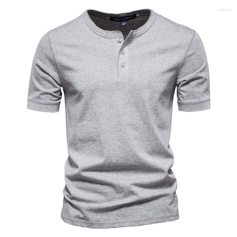 

Men's T Shirts Cotton Henley Collar Shirt Men Casual High Quality Summer Short Sleeve Mens Fashion Basic T-shirt Male, Dark grey