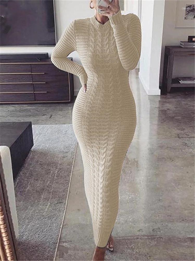 

Casual Dresses Hirigin Women's Cable Knit Long Sweater Dress Crewneck Sleeve Solid Ribbed Bodycon Pullover Midi Jumper