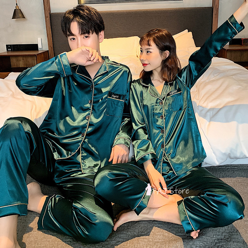 

Men's Sleepwear M-5XL Oversize Luxury Pajama Satin Silk Pajamas Set Couple Sleepwear Family Pijama Lover Night Suit Men Women Casual Homewear 230317, Black(men)