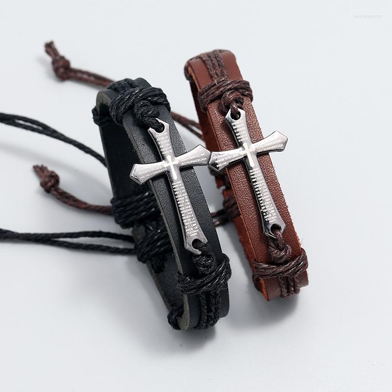 

Link Bracelets 12Pcs Vintage Personality Fashion Cross Hand Woven Cowhide Bracelet Simple Adjustable Pull Leather Accessories