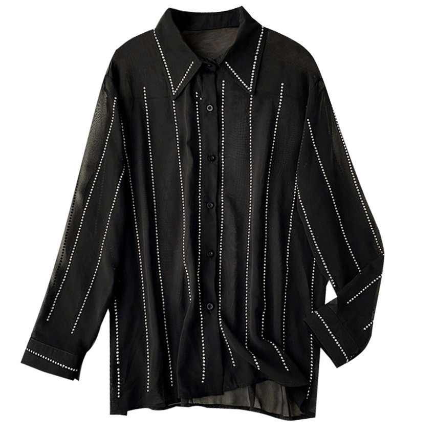 

Women's Blouses Shirts Gowyimmes Women's Long Sleeve Chiffon Blouses Trim Cute lapel Blouse Elegant Beading Shirt Bling Tops Black White PD624 230317