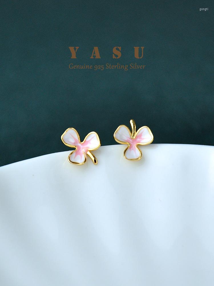

Stud Earrings Yasu Genuine Sterling Silver 925 Small Enamel Pink Flower For Women Clover Party Jewelry Gift Accessories