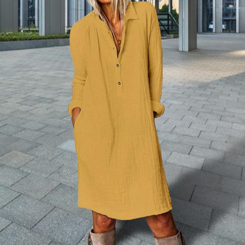 

Casual Dresses Autumn Dress Long Sleeves Pullover Solid Color Buttons Loose Half-Single Breasted Plus Size Pure Midi Women Clothes, Yellow