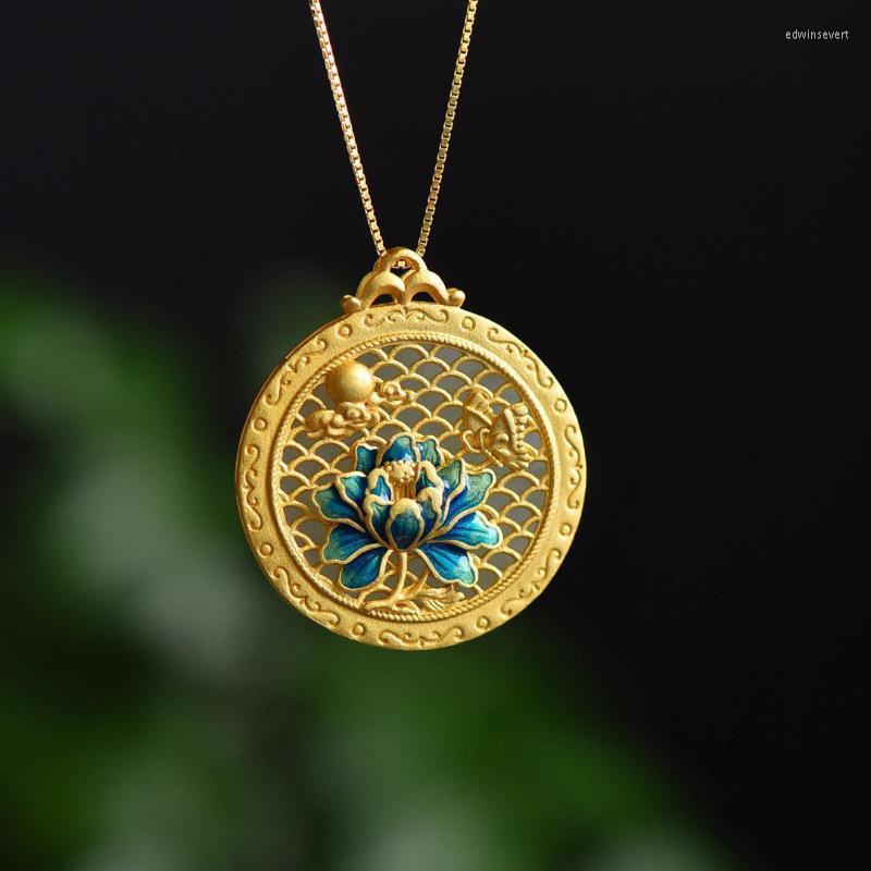 

Chains Natural Hetian Jade Ancient Gold Craft Enamel Porcelain Chinese Style Lotus Necklace Retro Round Plaque Pendant Ladies Jewelry