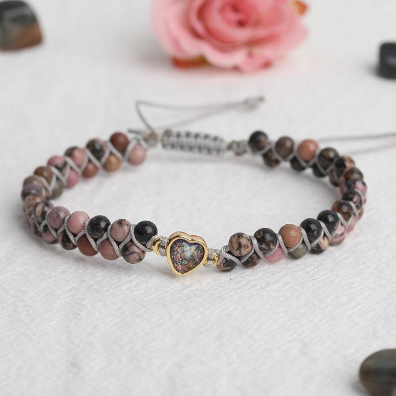 

Charm Bracelets 5Pcs/Lot Natural Opal Heart Charms Bracelet 4mm Black Line Rhodonite Round Beads Knotted Braided Femme Yoga