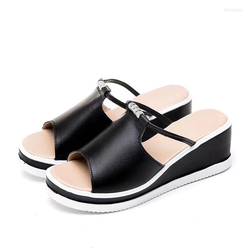 

Sandals For Woman Summer High Heel Simple Design 2colors Solid Vamp Comfortable Thick Outsole 6sizes Choosing, Black