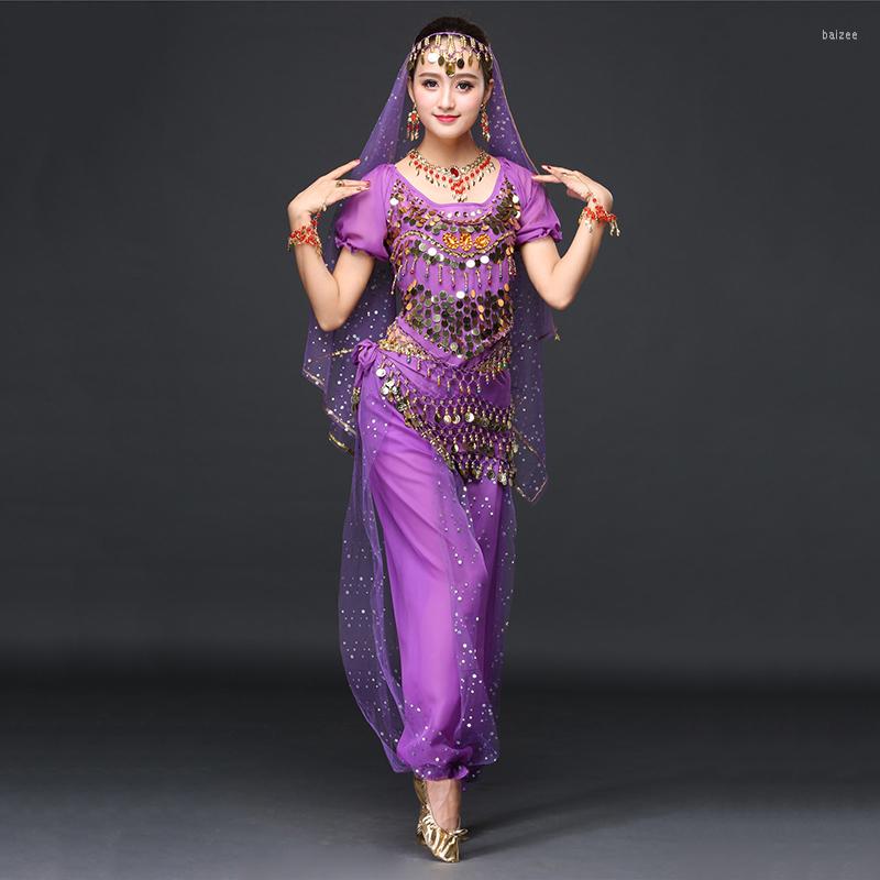 

Stage Wear 2023 Women Dance Sari Clothes Belly Costume Set Bollywood 4pcs Top Belt Pants And Veils, Red long sleeves
