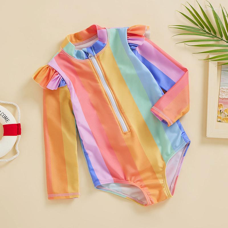 

Women's Swimwear 0-3T Baby Girls Bikini Stand Collar Stripe Rainbow Long Sleeve Swimsuit Zipper Closure Color Summer, Picture shown