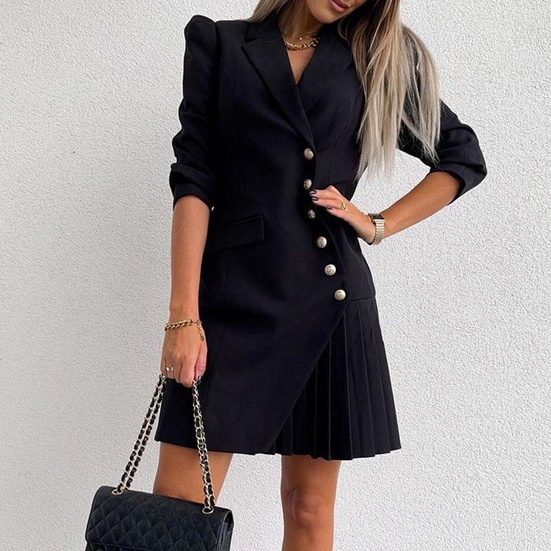 

Casual Dresses Fashion Irregular Button Blazer Mini Dress Spring Autumn Elegant Long Sleeve Pleated Party Solid Women Suit, 02 black