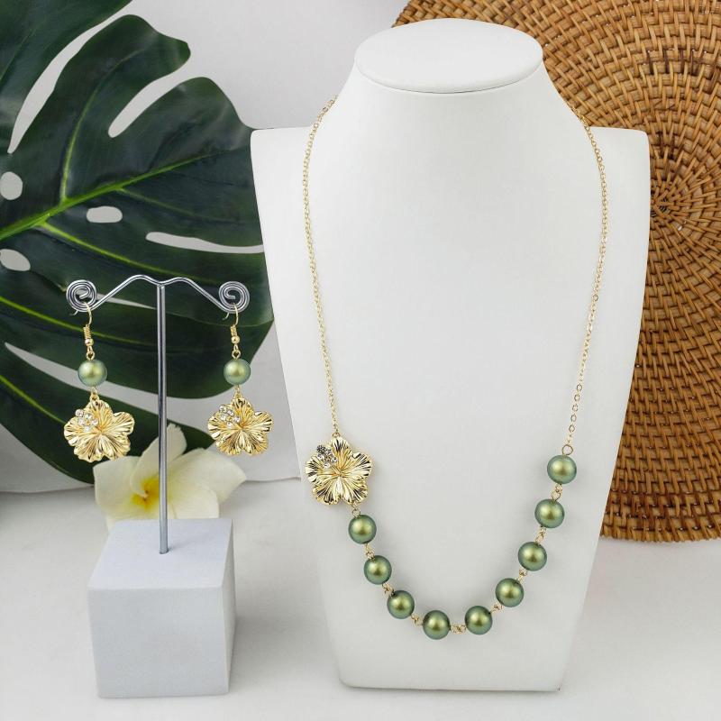 

Necklace Earrings Set Tropical Island Hawaiian Luau Party Beach Jewelry Plumeria Flower Fragipani Summer Natural Shell Pearls Sets, Picture shown