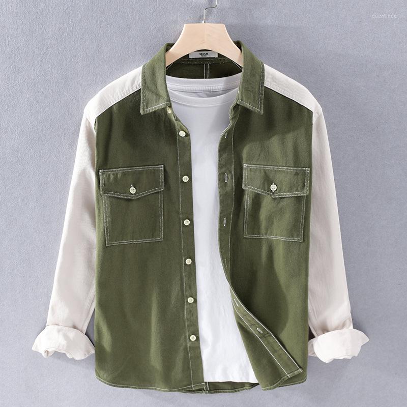 

Men's Casual Shirts 2023 Spring Men Tooling Fashion Color Block Double Pocket Cotton Jacket High Quality Male Autumn Long Sleeve Shirt, Blue