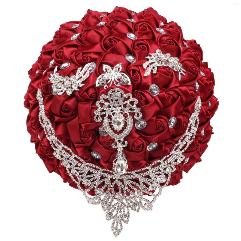 

Wedding Flowers Handmade 24cm Bride Bridesmaids Bouquet Holding Accessories Creative Elegant Satin Rose Bridal Crystal