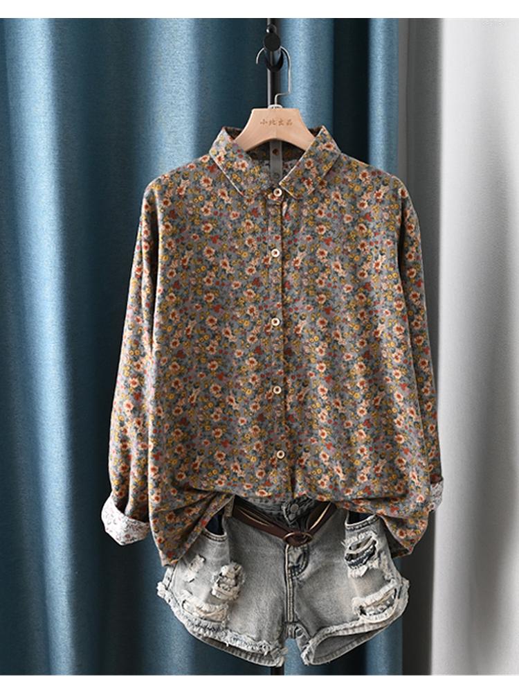 

Women's Blouses Lamtrip Retro Rustic Flowers Print Long Sleeve Cotton Shirt Women Blouse 2023 Autumn Winter, Army green