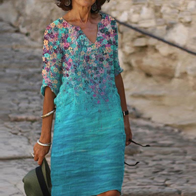 

Casual Dresses 2023 Woman Summer Beach Dress Vintage Cotton Linen Flowers Print Loose V Neck Party For Female, 23
