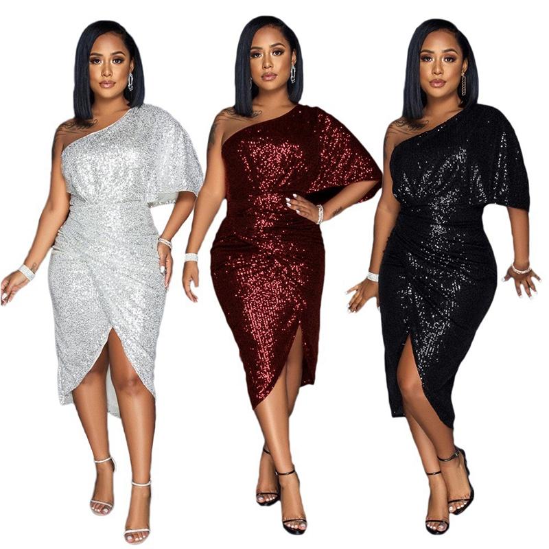 

Casual Dresses Sheer Mesh Sequins Drape Slit Midi Dress Glitter Womens One Shoulder Irregular Club Party Birthday Outfits -XXLCasual, Black