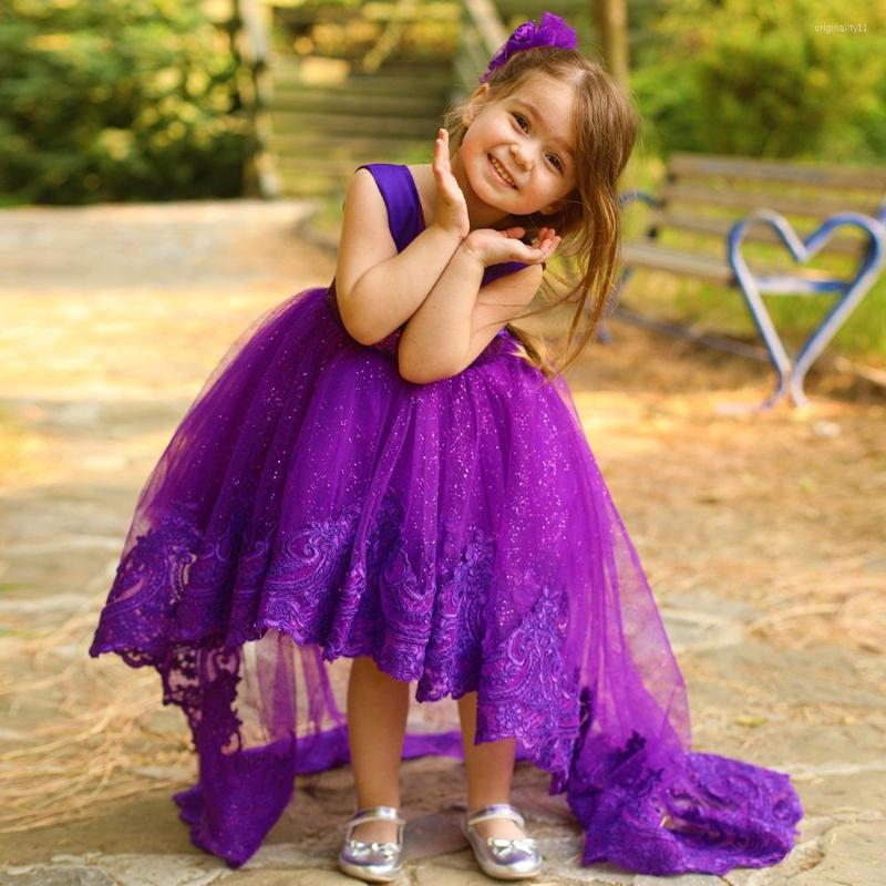 

Girl Dresses Dark Purple Flower Girls 2023 Applique Hi-Lo Tulle Kids Wedding Party Dress Princess A-Line Puffy Child Bridel Gown, Black