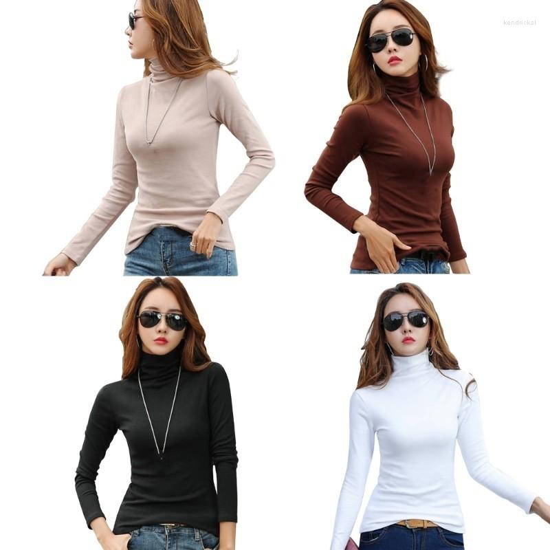 

Women's T Shirts Women Casual Long Sleeve Blouse Autumn Winter Turtleneck Stretch Pullover Inner Top Female Solid Color Slim Fit Shirt Daily, Brown