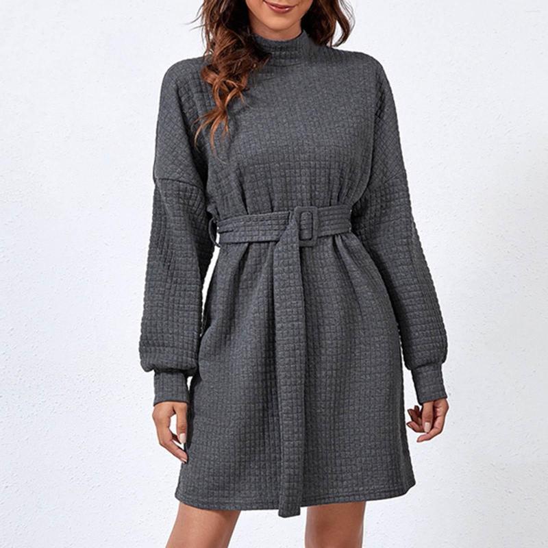 

Casual Dresses Women' Temperament Belted Dress Autumn Winter Solid Long Sleeve Standing Collar Tunic Sashes Slim Korean Style Cozy, Dark gray