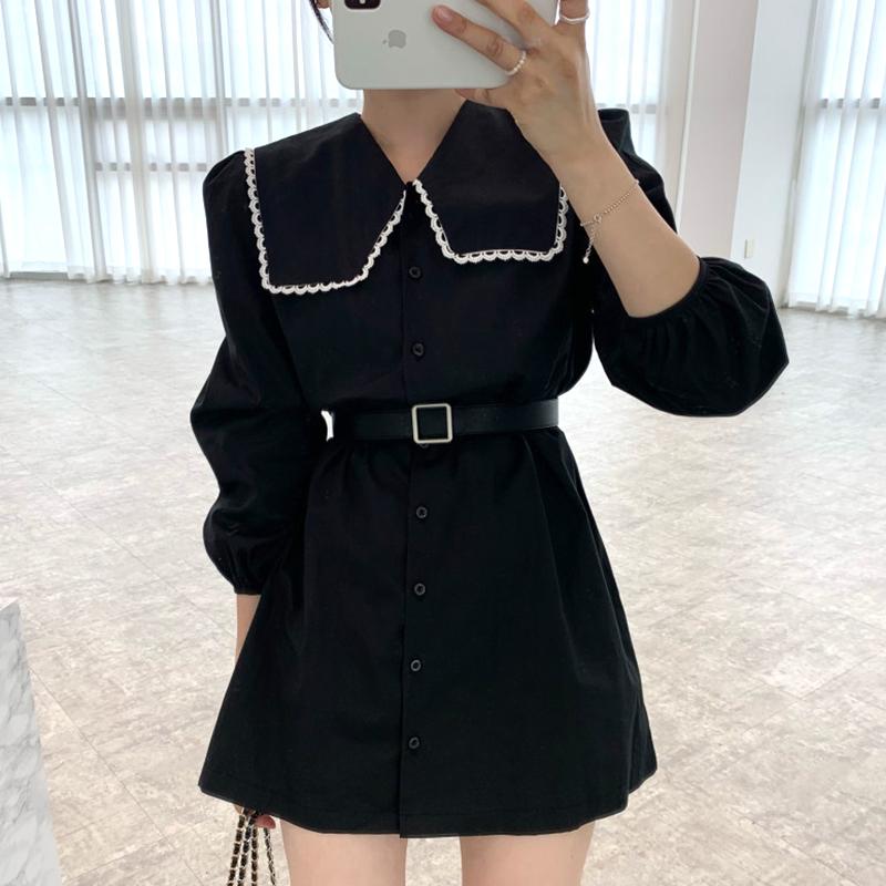 

Casual Dresses Lace Turn Down Collar Single Breasted Woman Dress Elegant Up Waist Puff Sleeve Robe Femme With Belt Fashion Vestidos, Black