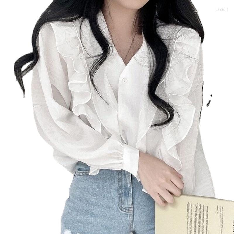 

Women's Blouses 2023 White Shirts Korean Chic Ruffled V-neck Long Sleeve Shirt Woman Loose Sunscreen Tops Blusas Fashion Women 15725