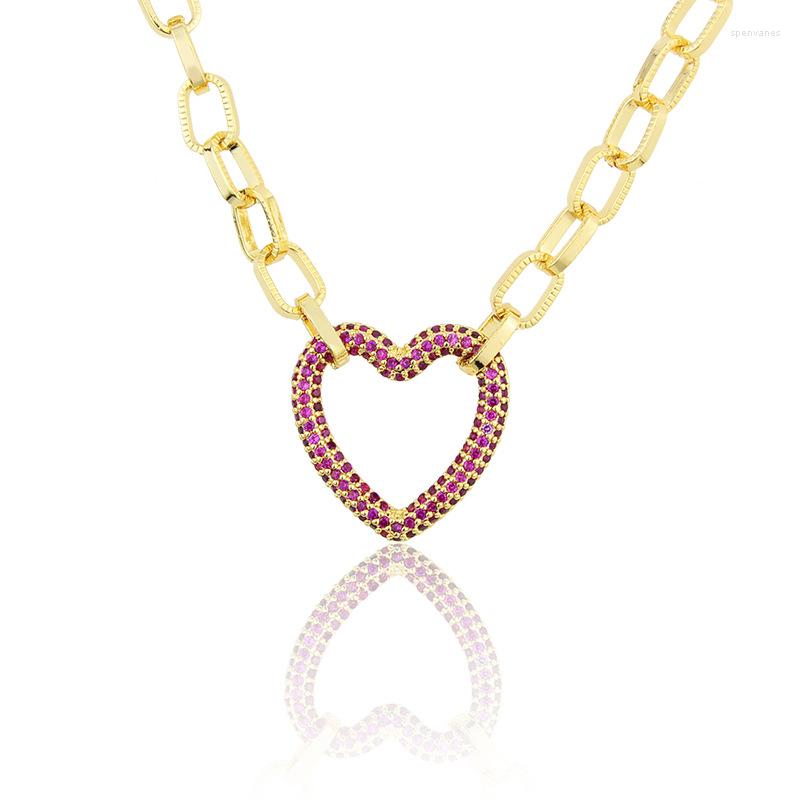 

Chains Red Zircon Stone Heart Pendant Necklace Gold Color Copper Chain Retro Goth Party Statement Neck Jewelry Accessories