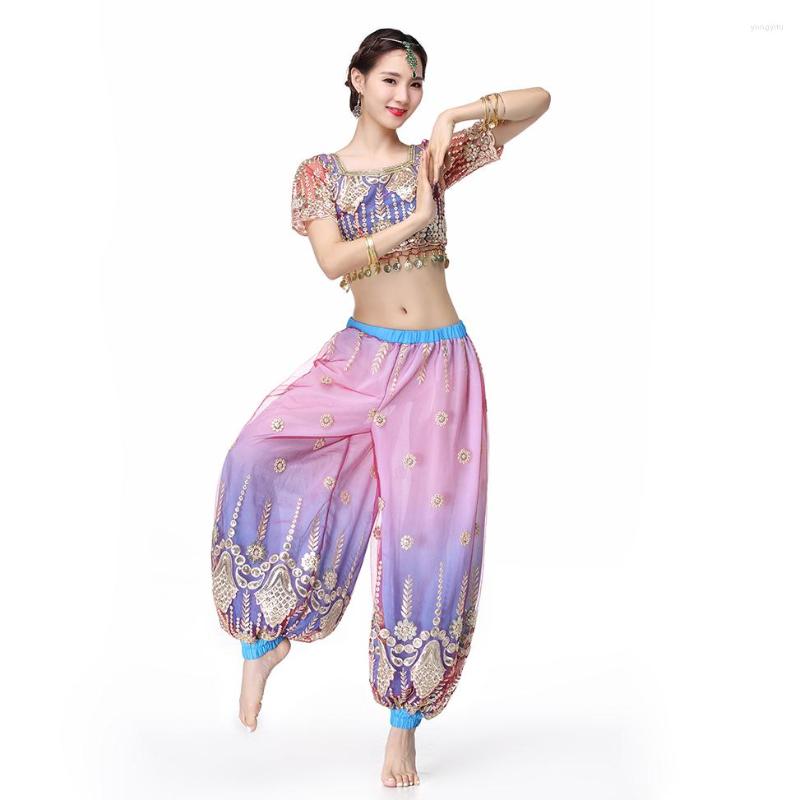 

Stage Wear Halloween Women Belly Dance Outfits Embroidered Bollywood Costume Set Top And Pantalettes, Pink blue
