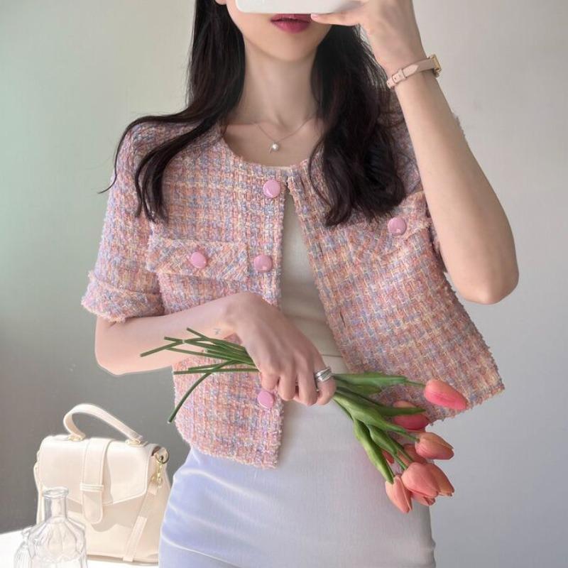 

Women's Jackets Gentle Spring Thin Round Short Sleeve Pink Tweed Jacket Cropped Korean Fashion Plaid Shirts For Women Cardigan TopWomen's