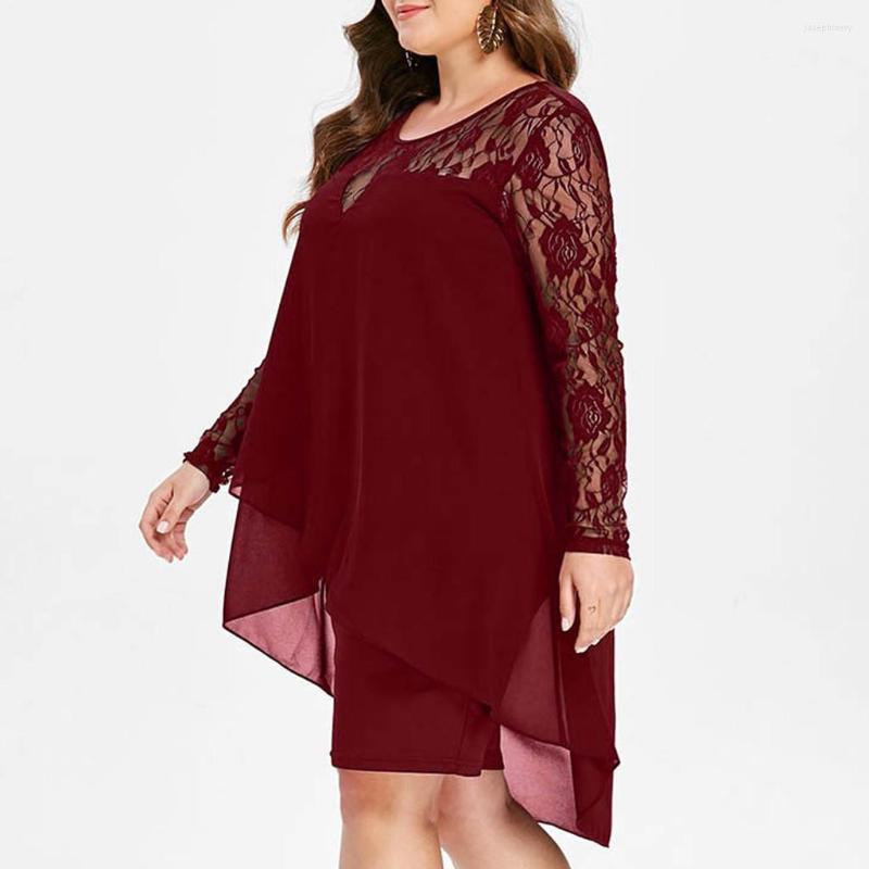 

Casual Dresses Fashion Women Plus Size Sheer Lace Sleeve High Low Hem O-neck Swing Dress Comfy Quality Simple Fast, Wine