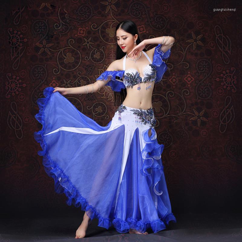 

Stage Wear 2023 Top Grade Women Dancewear Belly Dancing Clothes Oriental Dance Beaded Outfit With Sleeves Costume Set Bra Skirt, Royal blue