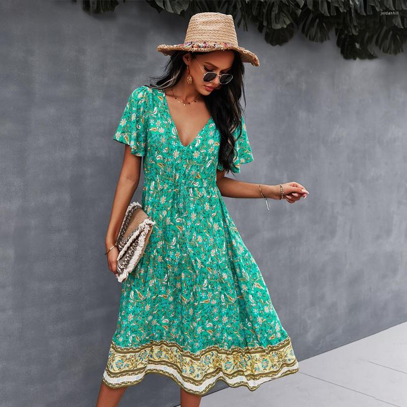 

Party Dresses Vintage Print V-neck Maxi Dress Floral Long Women Plus Size Boho Woman Women' Clothing, Green